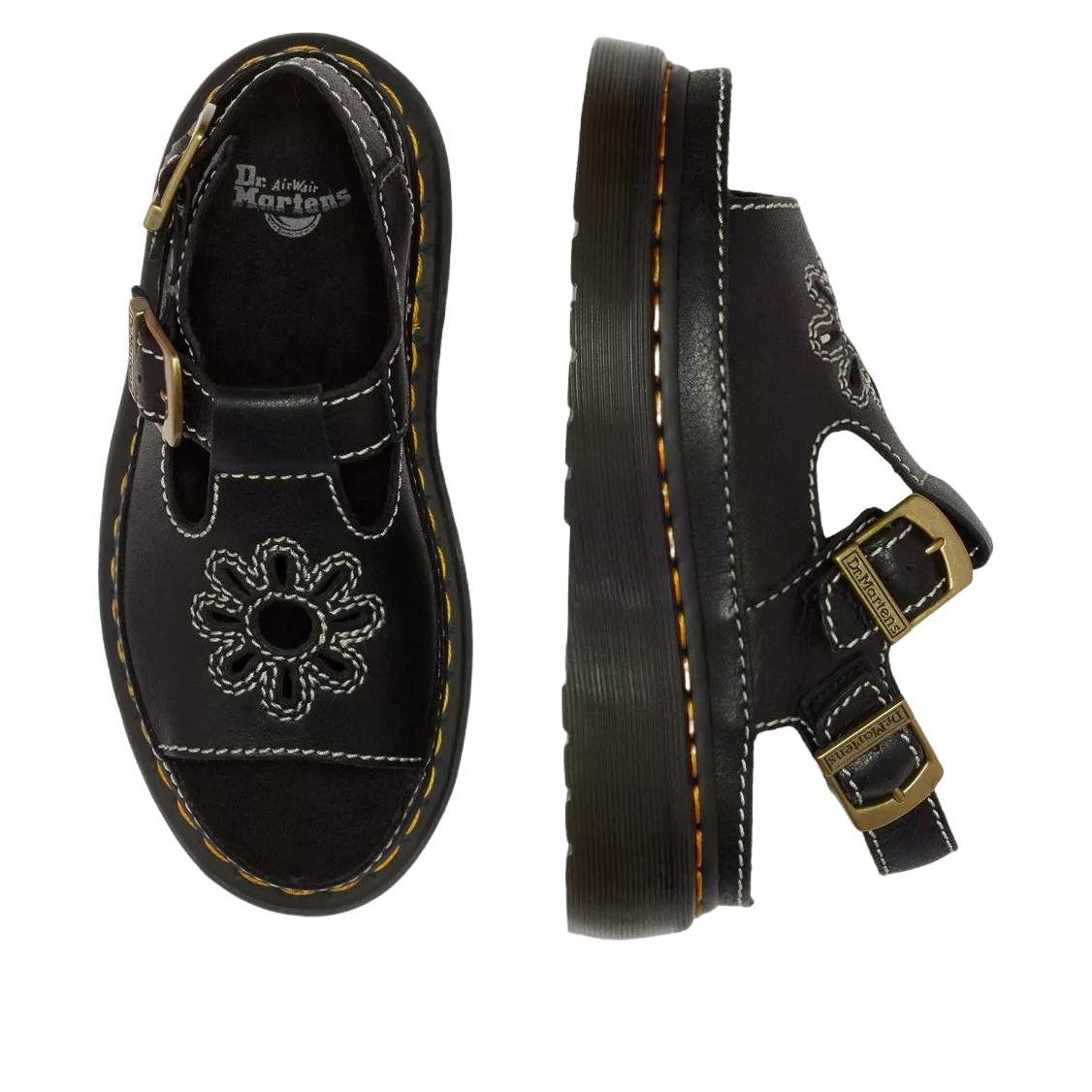(WMNS) Dr. Martens Dunnet Flower Full Grain Leather Sandals 'Black' 40526001