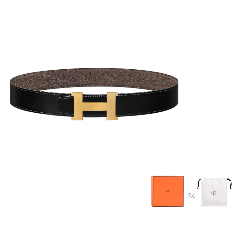HERMES Togo Calfskin Double-Sided Leather Belt Leather Belts Men's Black/Tin Gray Width: 3.8cm