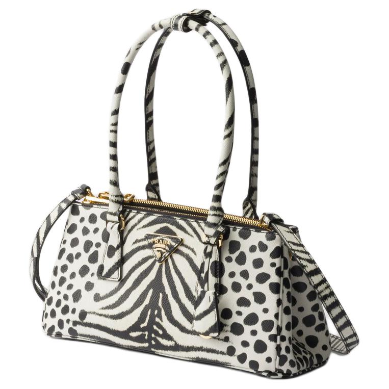 PRADA Saffiano Calfskin Crossbody Bag, Shoulder Bag Medium Size Women's Black & White