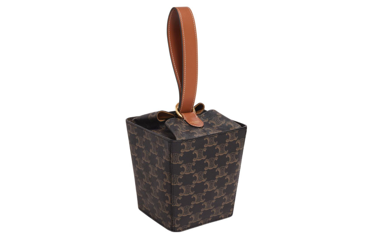 CELINE Cow Leather Binding Strap Box Handbag, Popcorn Box, Handbag Regular Women's Tawny
