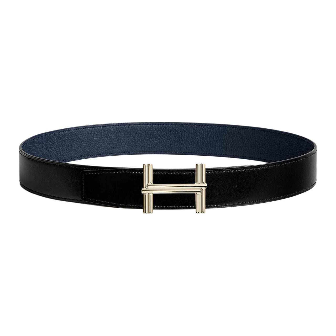 HERMES Calfskin Leather Belts Unisex Black Blue Width: 3.8cm