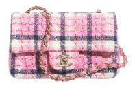 CHANEL Cotton And Wool Plaid Portable Crossbody Bag Shoulder Bag Women's Pink/Marine Blue/White