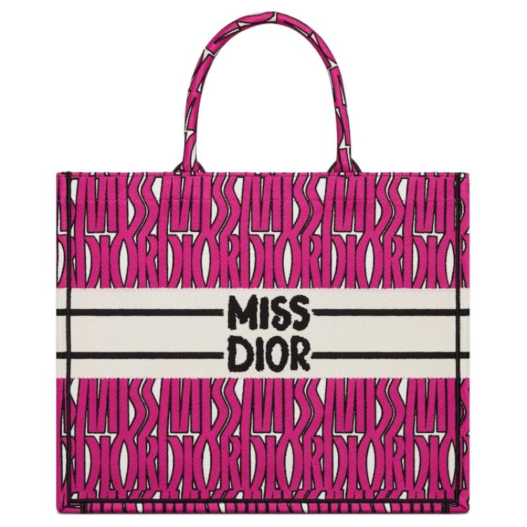 DIOR BookTote Embroidery Tote Bag Shopping Bag Handbag Large Size Women's Fuchsia & Black