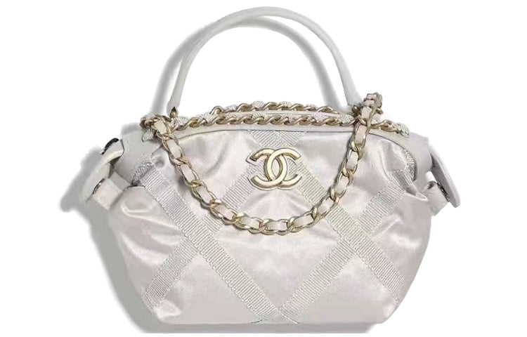 CHANEL Satin, Nylon Tote Bag, Shopping Bag, Handbag Women's Silver Gray