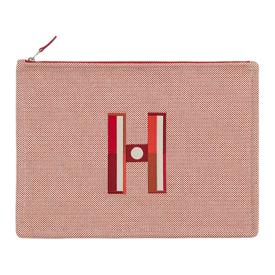 HERMES Faubourg Cotton Storage Bag Clutch Large Size Women's Orange & Raspberry Red