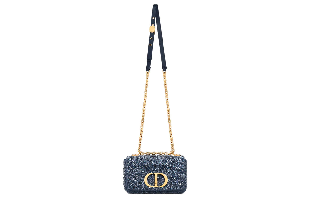 DIOR Caro Rhinestone Embroidered Velvet Fabric Crossbody Bag Shoulder Bag Women's Blue