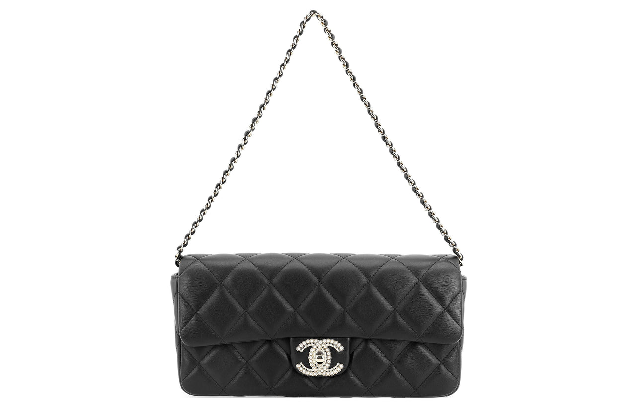 CHANEL Sheepskin Evening Party Bag Cell Phone Pouch One Shoulder Crossbody Clutch Women's Black