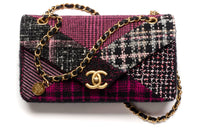 CHANEL Twill Soft Woolen Patchwork Fabric & Gold Metal Flap Bag, Shoulder Bag, Crossbody Bag Women's Black/Pink/White