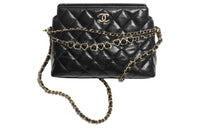 CHANEL Shiny Wrinkled Calfskin One Shoulder Crossbody Clutches Women's Black