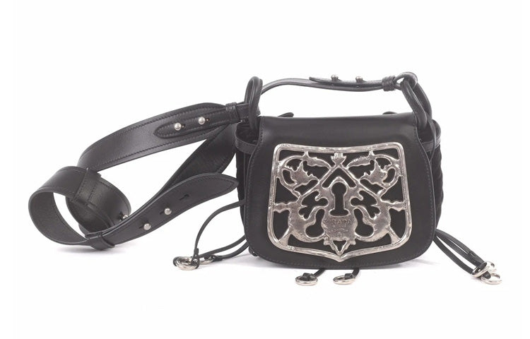 PRADA Calfskin With Velvet Shoulder Bag Crossbody Bag Women's Black