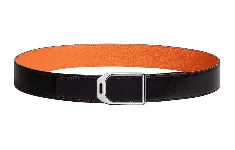HERMES Stirrups With Styling Smooth Buckle Leather Belts Men's Black/Orange Width: 3.8CM
