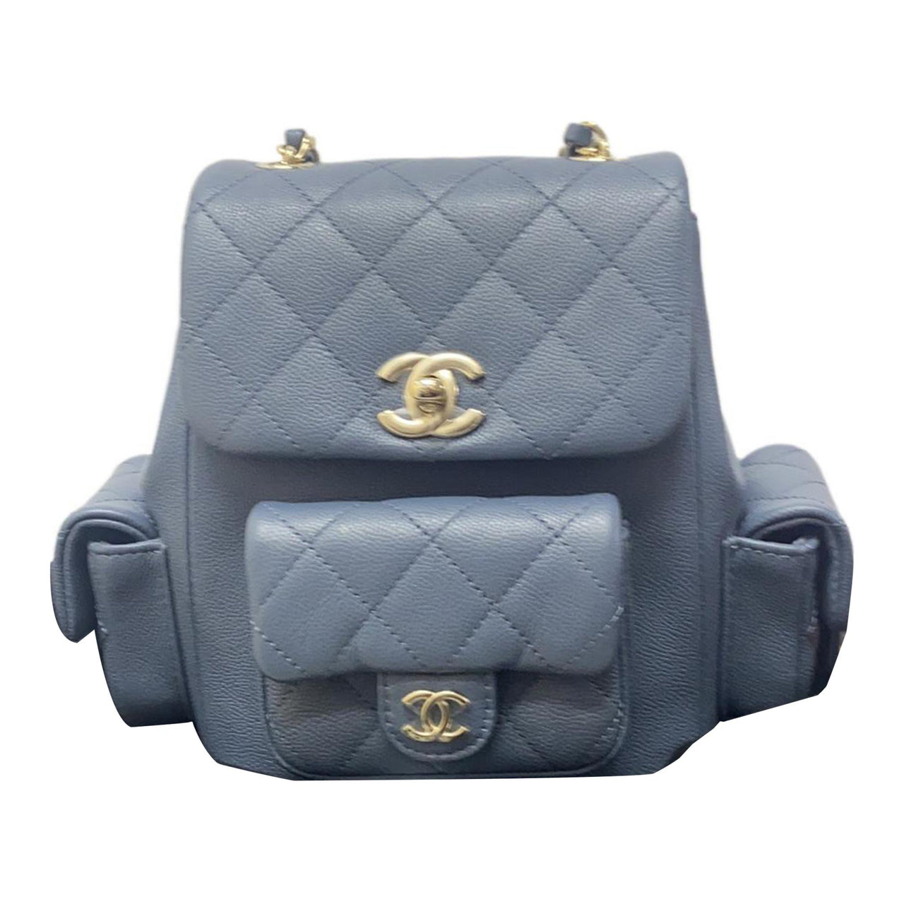 CHANEL Duma Grain Embossed Shiny Calfskin Backpack Small Size Women's Gray Blue