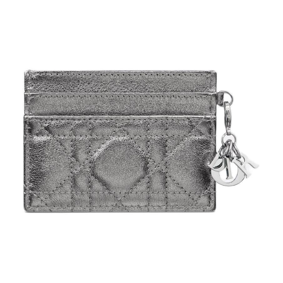 DIOR Lady Dior Wicker Pattern Calfskin Card Holder Women's Silver