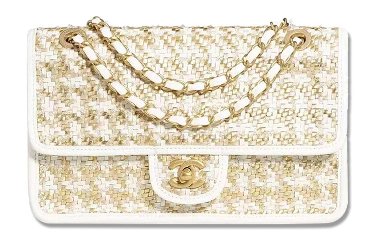CHANEL 23C Early Spring Lambskin Flap Bag, Crossbody Bag, Shoulder Bag Medium Size Women's Gold & White