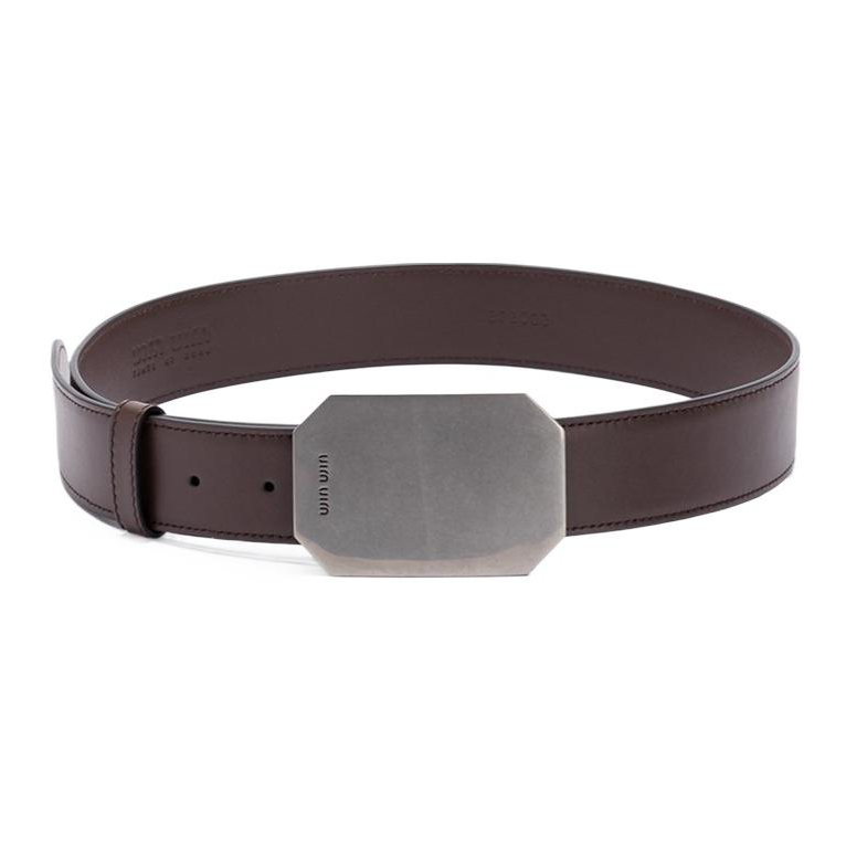 MIU MIU Badge Design Calfskin Leather Belts Women's Dark Brown Width 3.5CM