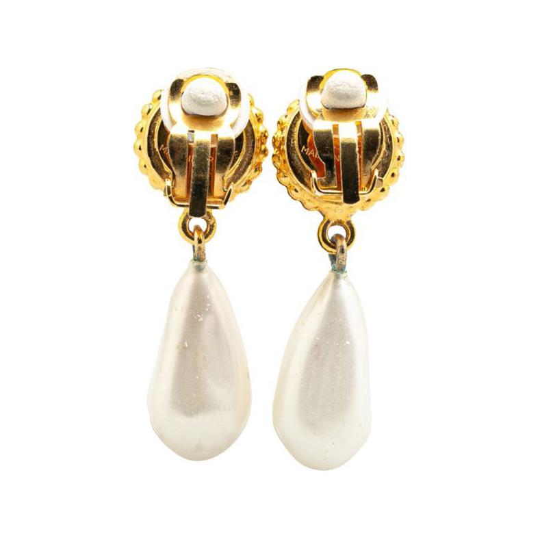 CHANEL 2003 Gold Plated Clover Faux Pearl Drop Costume Earrings