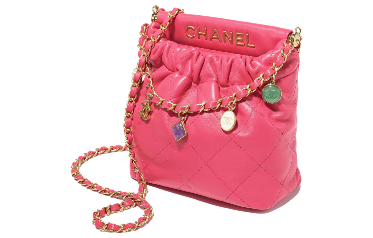 CHANEL Lambskin Bucket Bags Shoulder Bag Crossbody Bag Small Size Women's Rose Red
