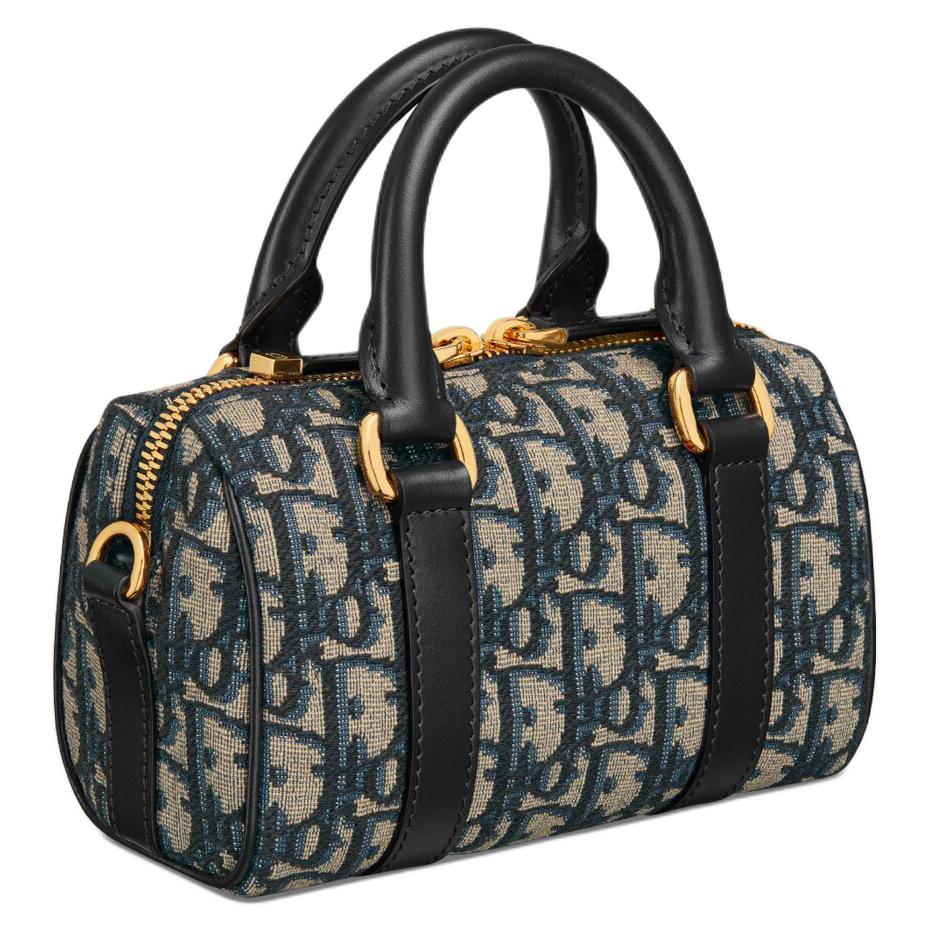 DIOR Grained Cow Leather With Fabric Boston Bag Handbag Shoulder Bag Crossbody Bag Mini Women's Blue Black
