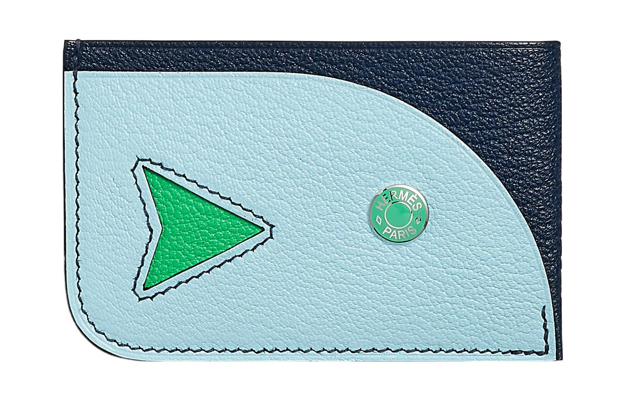 HERMES Mysore Goat Skin Card Holder Women's Marine Blue/Wisteria Blue/Comics Green