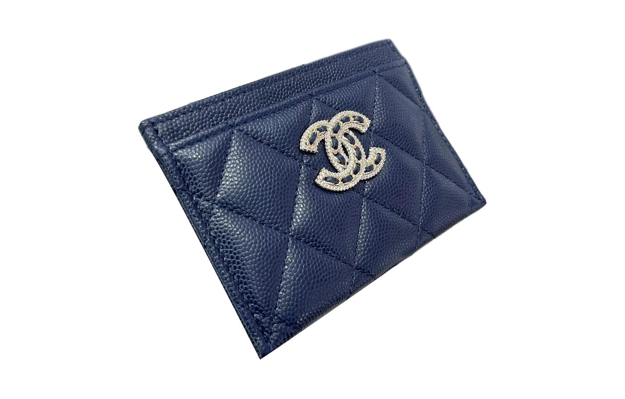 CHANEL Grained Embossed Cow Leather Card Holder Women's Blue