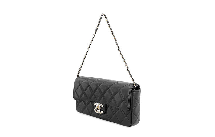 CHANEL Sheepskin Evening Party Bag Cell Phone Pouch One Shoulder Crossbody Clutch Women's Black