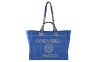 CHANEL Deauville Plaid Canvas Tote Bag Shopping Bag Handbag Large Size Women's Blue