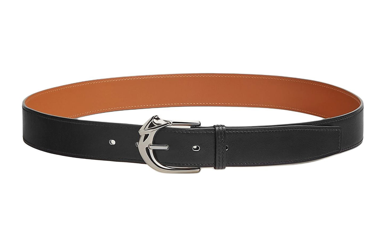 HERMES Silver Pin Buckle Design Leather Belts Men's Black Width 3.3CM