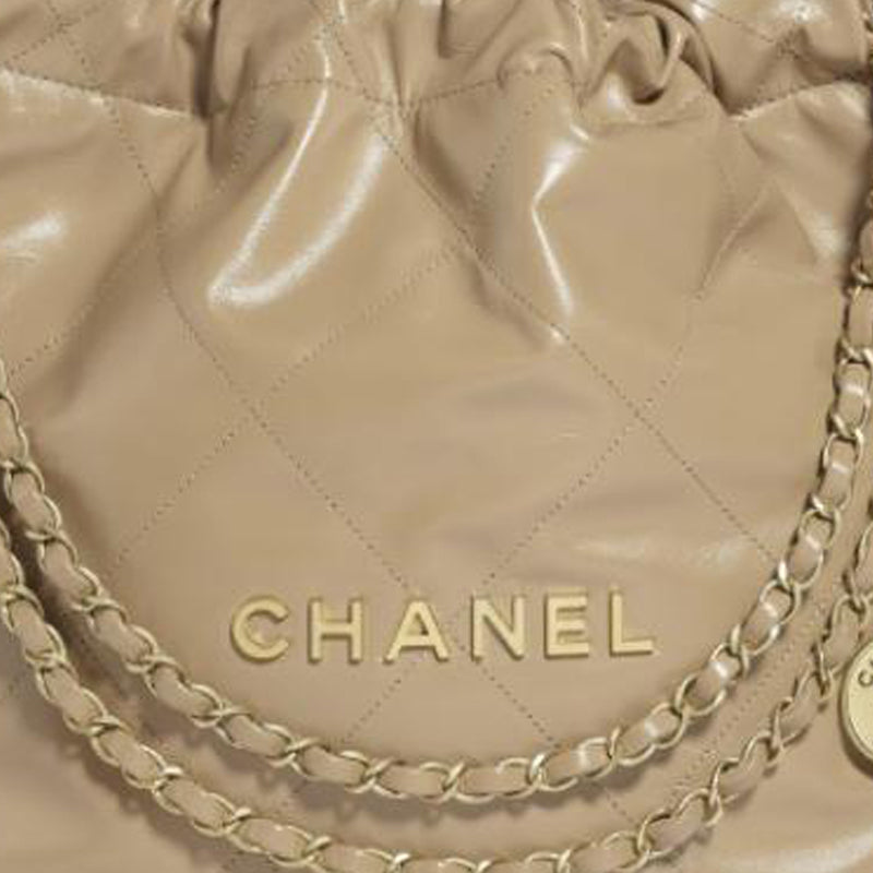 CHANEL 22Bag Shiny Calfskin Tote Bag Shopping Bag Handbag Shoulder Bag Crossbody Bag Small Size Women's Beige