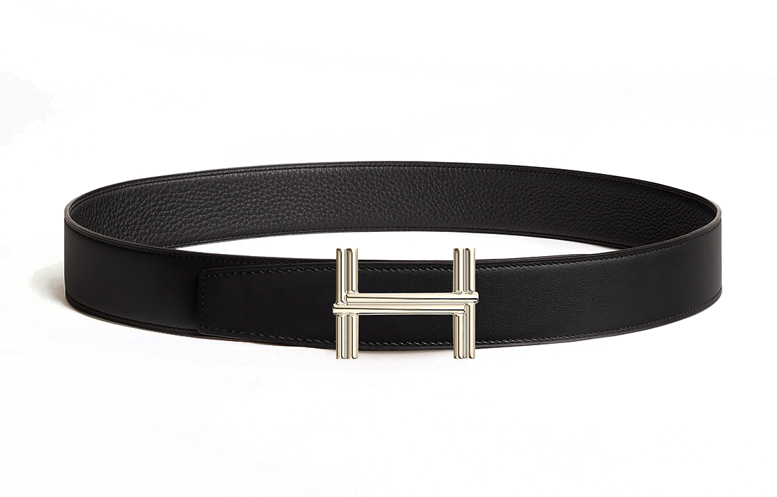 HERMES Brass Metal Leather Calfskin Leather Belts Men's Black Width: 3.8cm