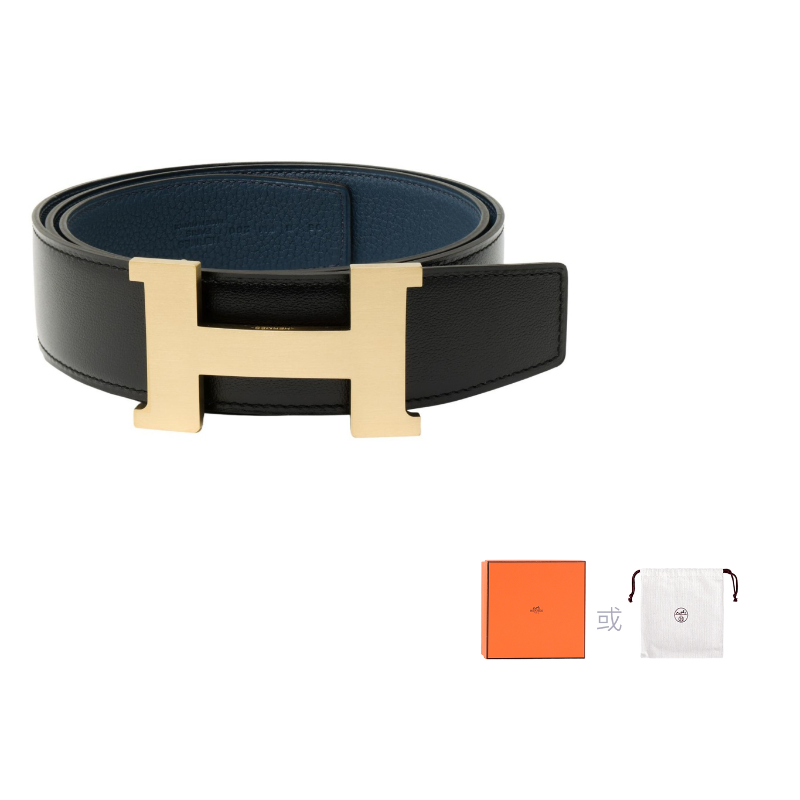 HERMES Togo Calfskin Double-Sided Leather Belt Leather Belts Men's Black/Prussian Blue Width: 3.8cm