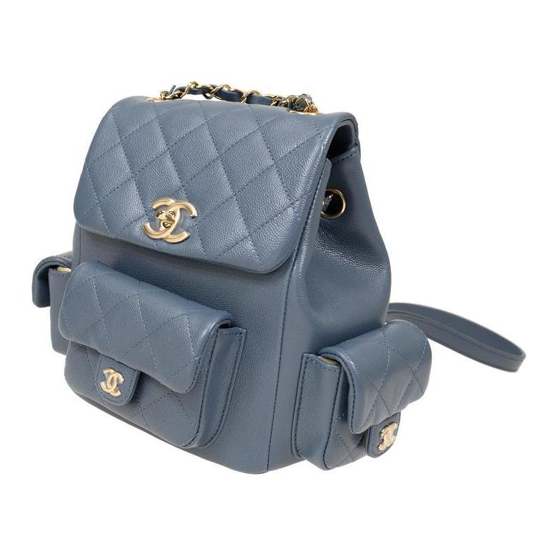 CHANEL Grained Cow Leather Backpack Large Size Women's Gray Blue