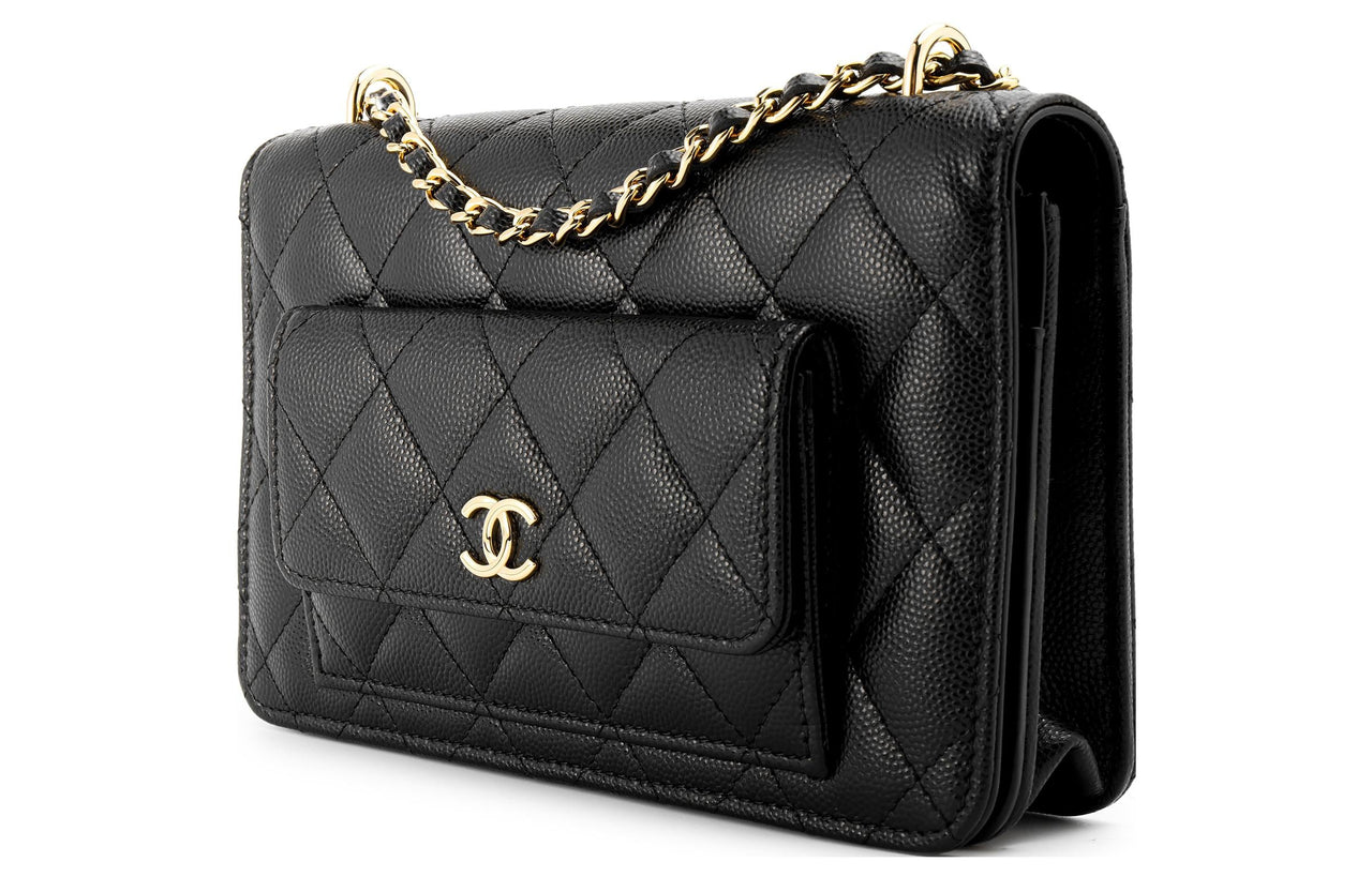 CHANEL Grained Shiny Calfskin Shoulder Bag Crossbody Bag Regular Women's Black