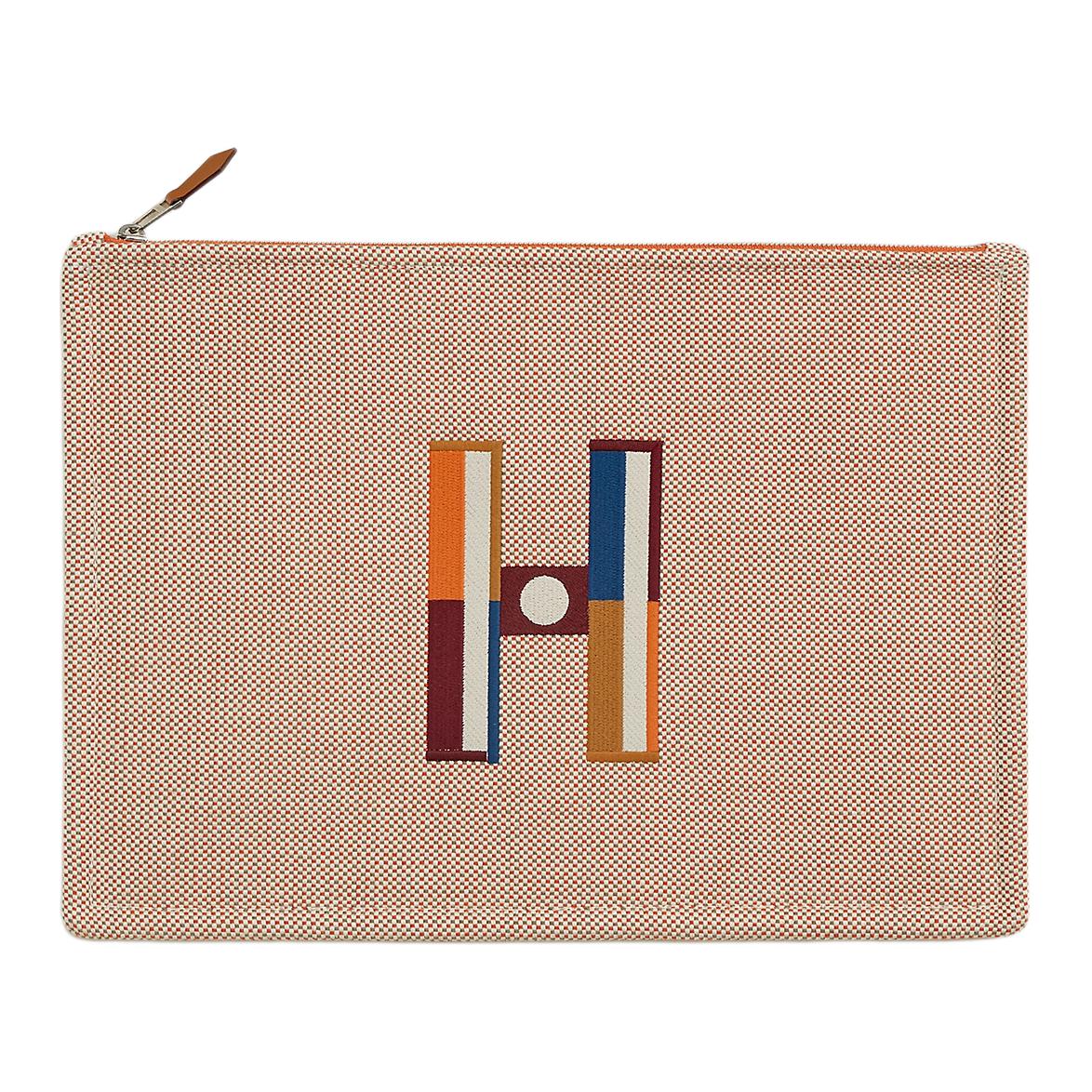 HERMES Cotton Storage Bags Clutches Large Size Women's Orange & Light Taupe