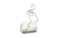 CHANEL Shiny Grained Calfskin Rhinestone Shoulder Bag Crossbody Bag Wallet Women's White
