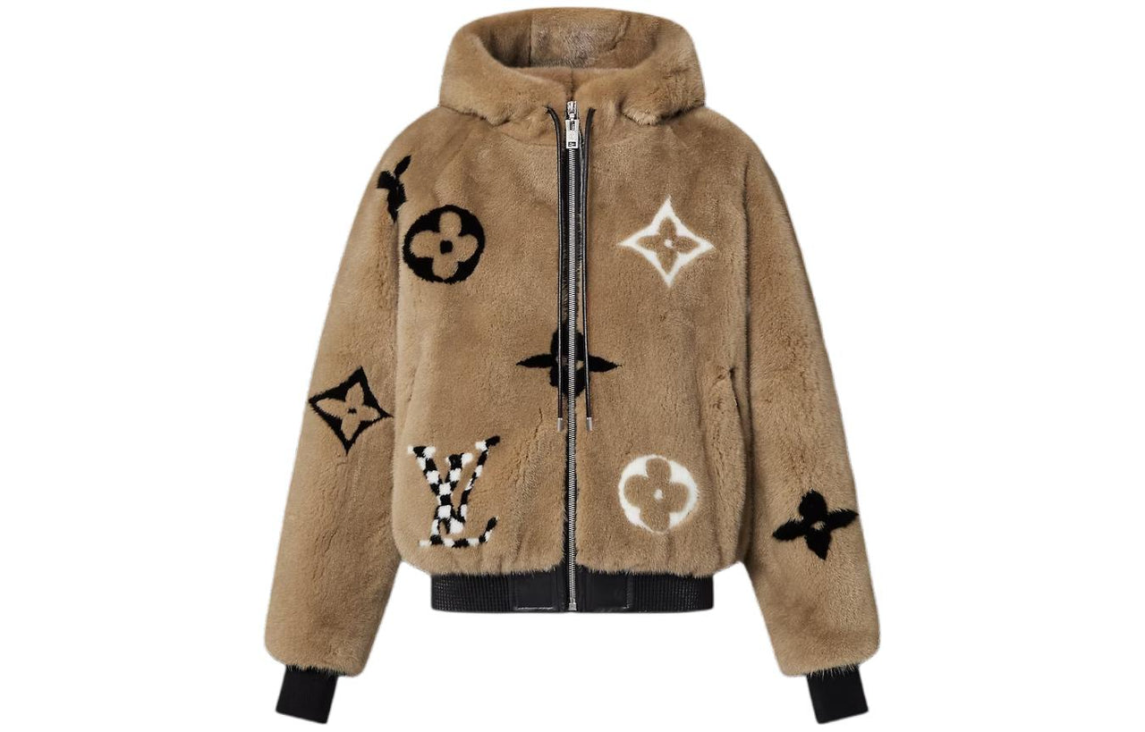 LOUIS VUITTON Monogram Mink Hooded Bomber Jacket