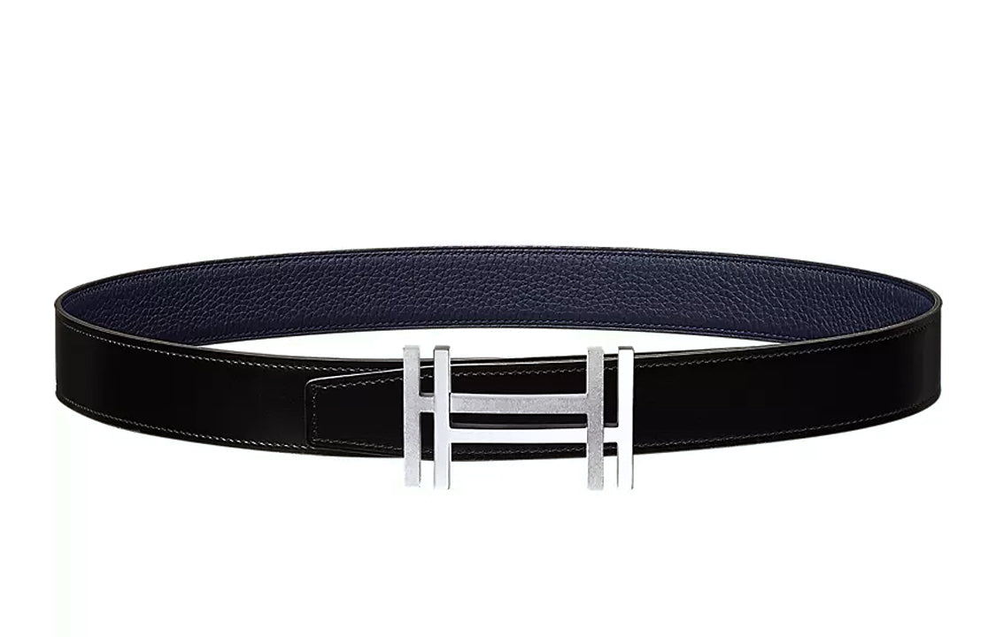HERMES Smooth Buckle Leather Belts Unisex Black/Blue Purple 3.2cm