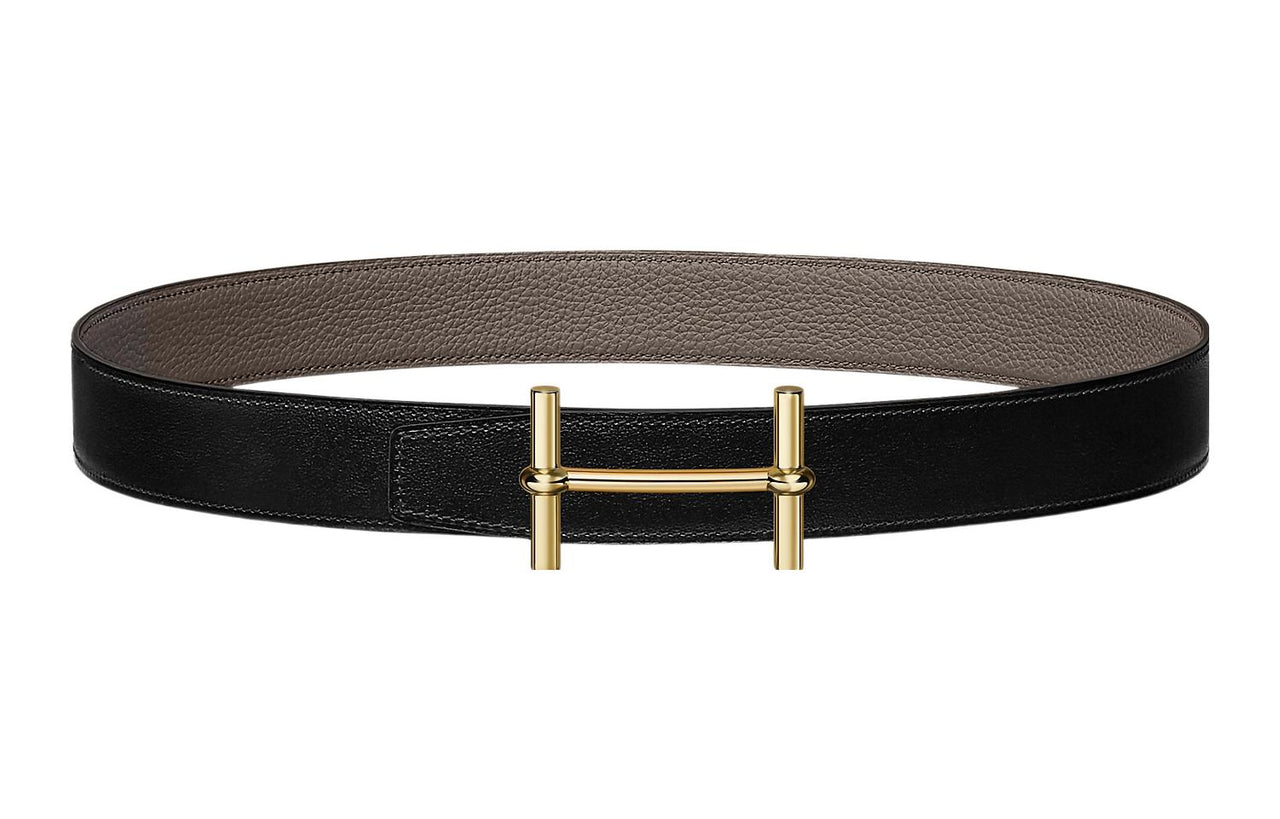 HERMES Individual Gold Buckle Togo Calfskin Double Sided Leather Belt Women's Black Width 3.2CM