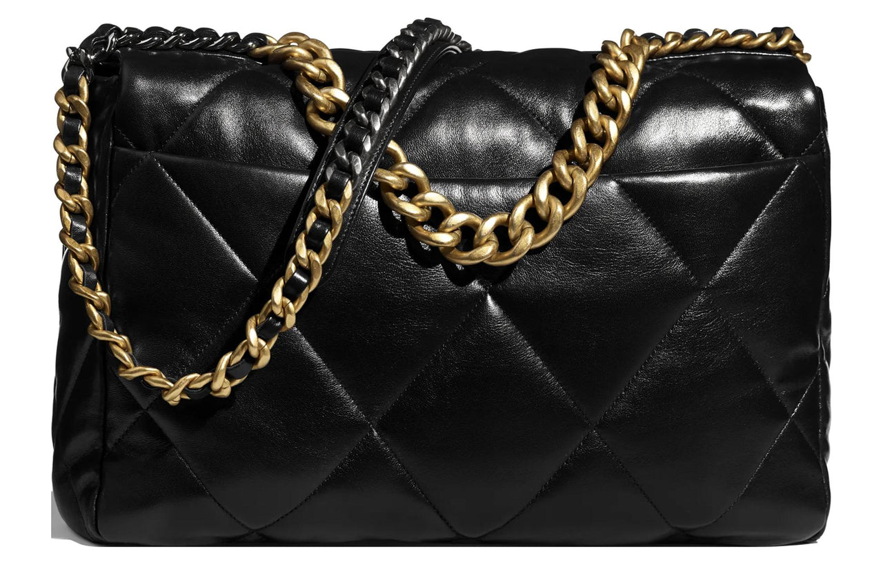 CHANEL 19Bag Shiny Lambskin Handbag Shoulder Bag Crossbody Bag Large Size Women's Black