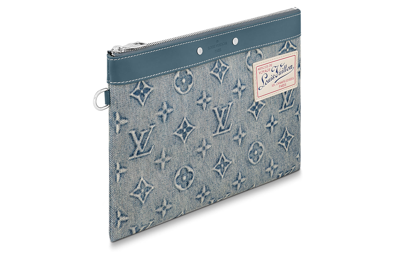 LOUIS VUITTON Pochette To-Go Canvas Cow Leather Patchwork Canvas Bag Clutches Men's Denim Blue