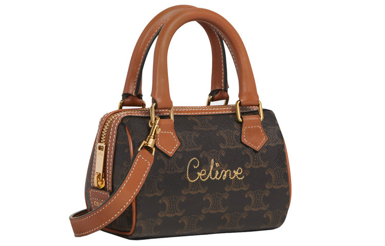 CELINE Leather Boston Bag Handbag Shoulder Bag Crossbody Bag Mini Women's Tawny