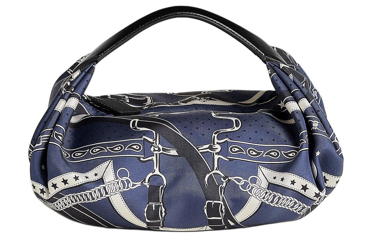 HERMES Silk With Hunter Cow Leather Lunch Bag Handbag Women's Indigo & Black
