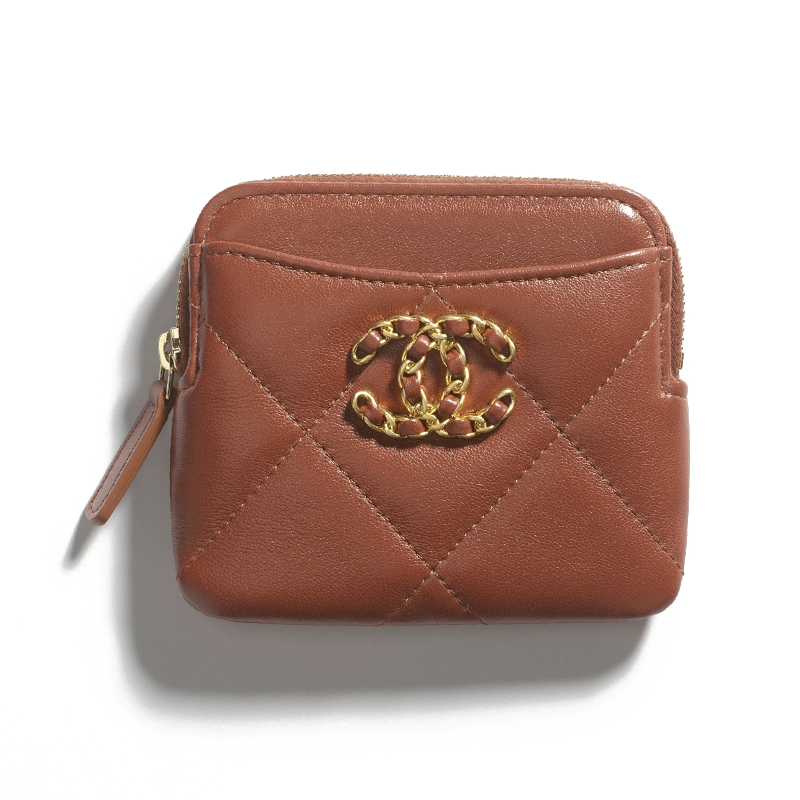 CHANEL 19Bag Bright Lambskin With Metal Accents Coin Purse Women's Brown