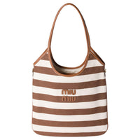 MIU MIU Ivy Cotton Tote Bag, Shopping Bag, Shoulder Bag Women's Cocoa Brown & Natural