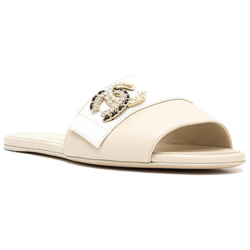 CHANEL Slip-Resistant Slide Slippers Women's White Beige