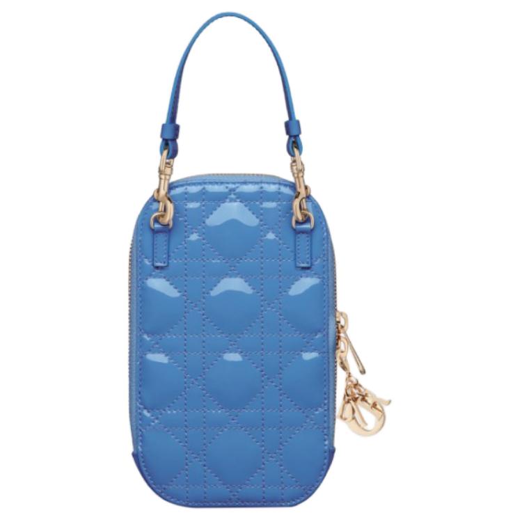 DIOR Lady Dior Patent Leather One Shoulder Crossbody Portable Cell Phone Pouch Women's Cornflower Blue