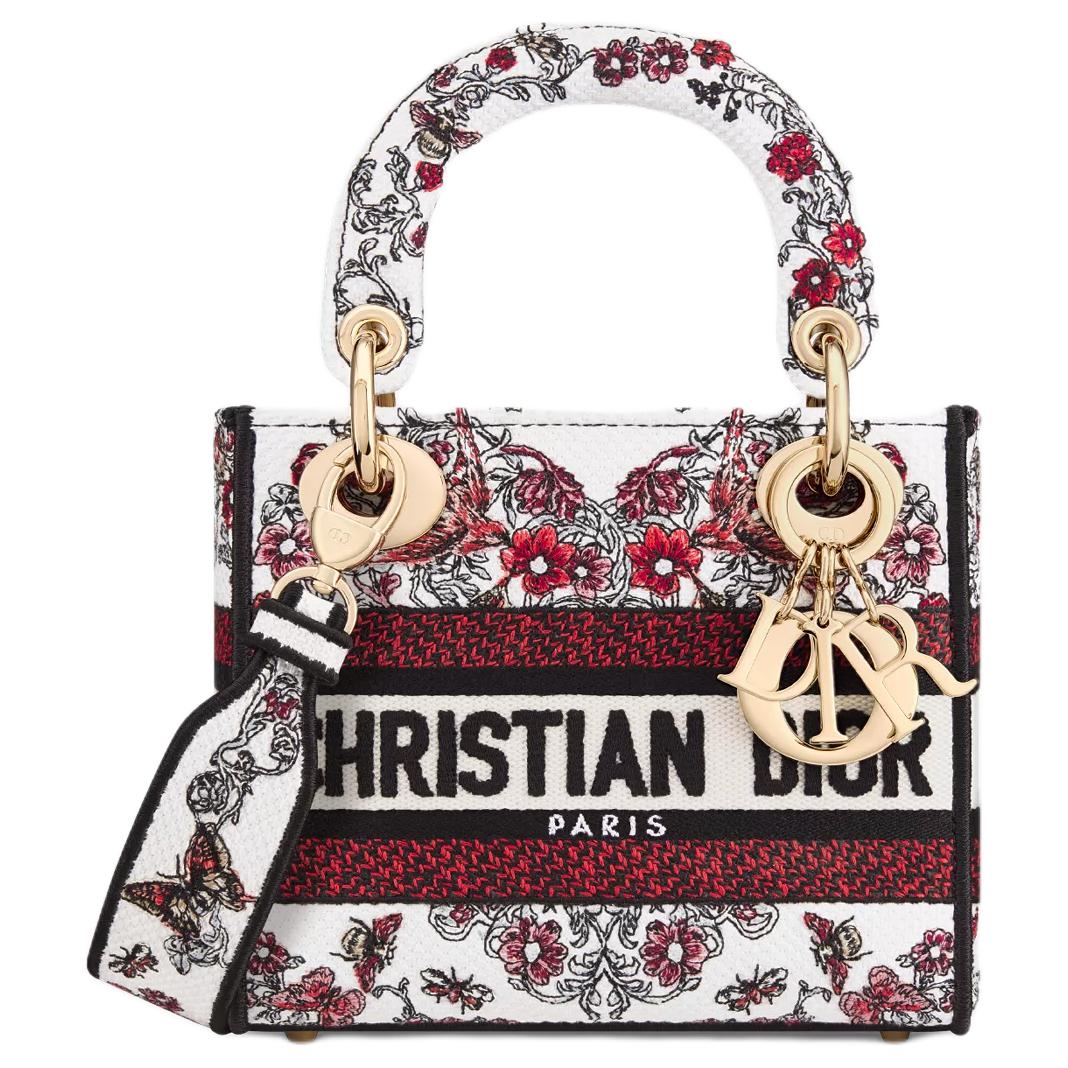 DIOR Lady Dior Fabric Tote Bag Shopping Bag Shoulder Bag Handbag Mini Women's White & Red