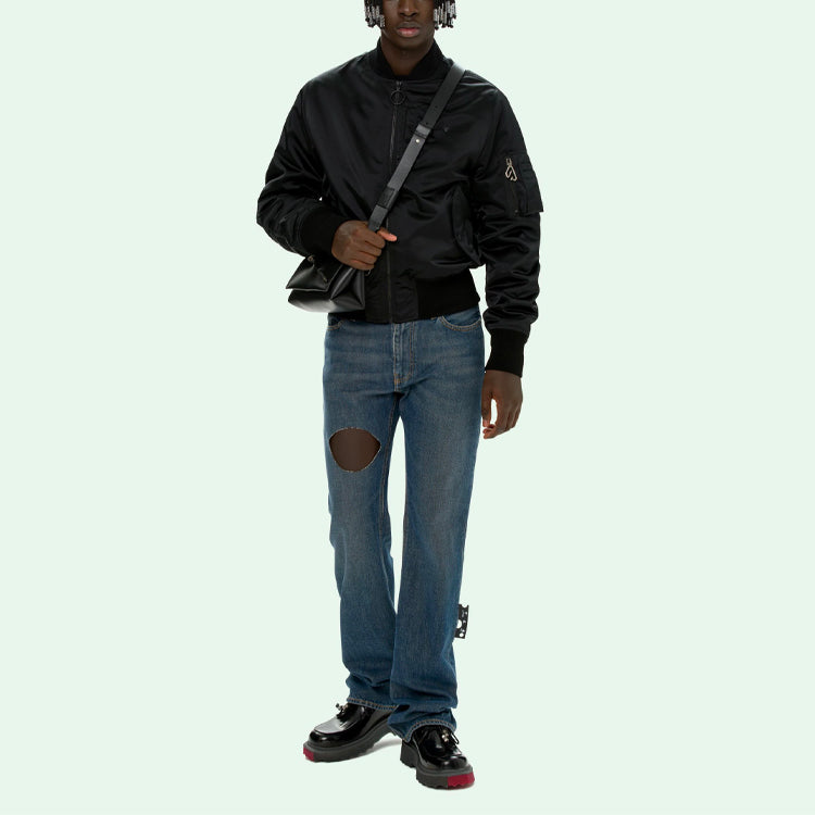 Off-White SS21 Logo Pattern Zipper aviator Jacket Loose Fit Black OMEH032S21FAB0011010