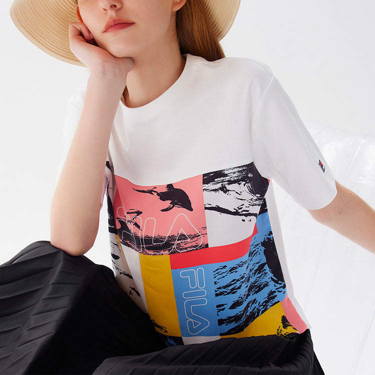 (WMNS) FILA Printing Pattern Round Neck Short Sleeve White F11W128114F-WT