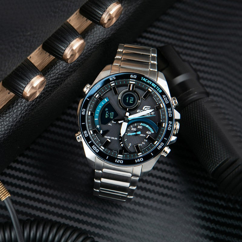 CASIO Waterproof EDIFICE Sapphire Crystal Mens Silver Analog/Digital Combo ECB-900DB-1B