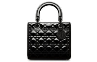 DIOR Lady Dior Shiny Patent Leather Cow Leather One Shoulder Handbag Crossbody Bag Medium Size Women's Pure Black